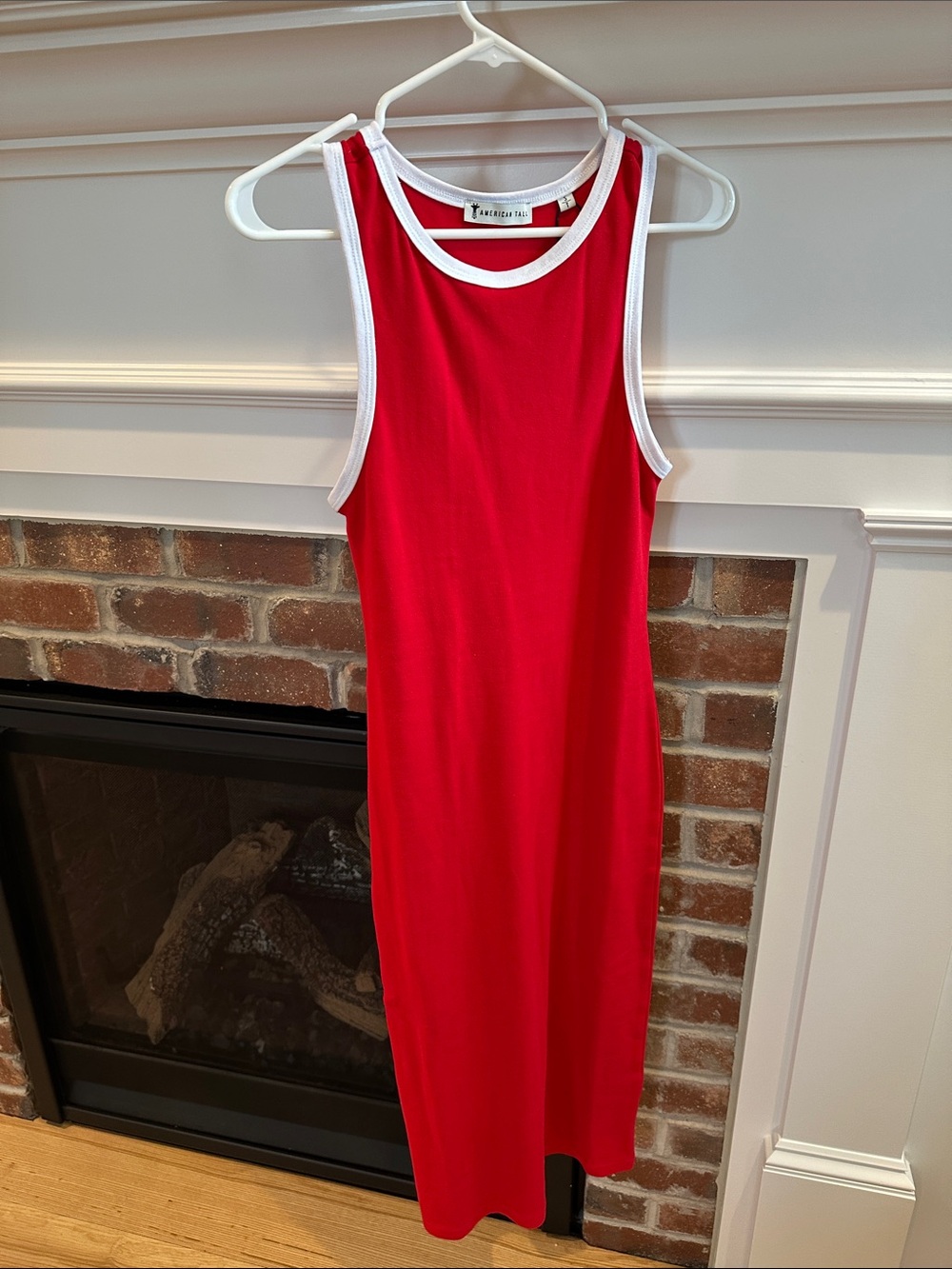 American Tall Red Sleeveless Dress with White Trim Stretch Midi Small Tall